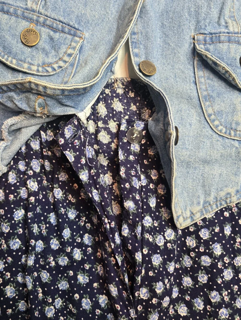 Vintage 90s Paris Blues Denim Vest Floral Maxi Dress Size 9 Cottagecore Grunge - Picture 9 of 13